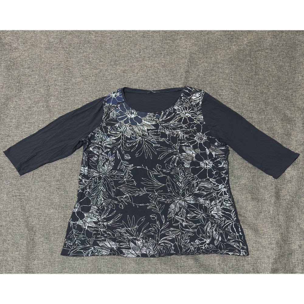 Tahari Womens XL T-Shirt Navy Blue Floral 3/4 Sleeve Cotton